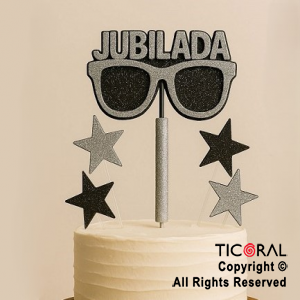 ADORNO DE TORTA SET JUBILADA CON 4 ESTRELLAS Y BENGALA GIBRE PLATA x 1